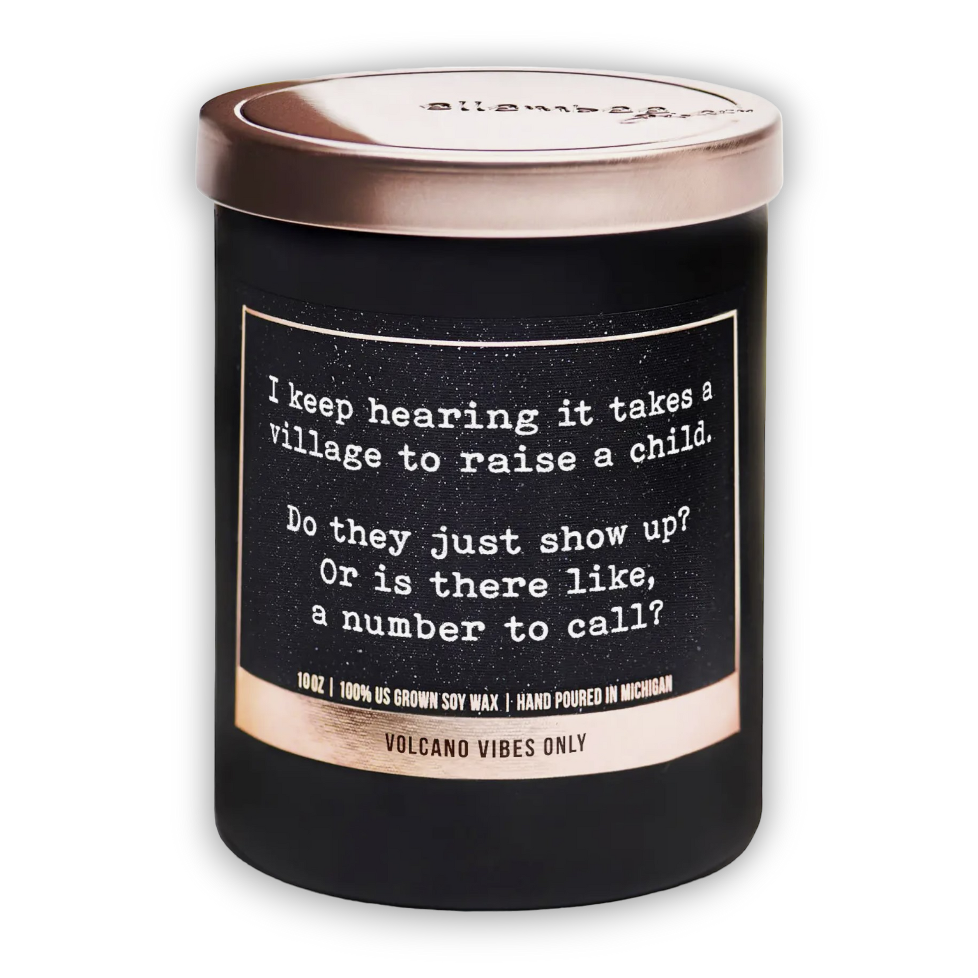 Geurkaars met opschrift 'It takes a village' to raise a child'