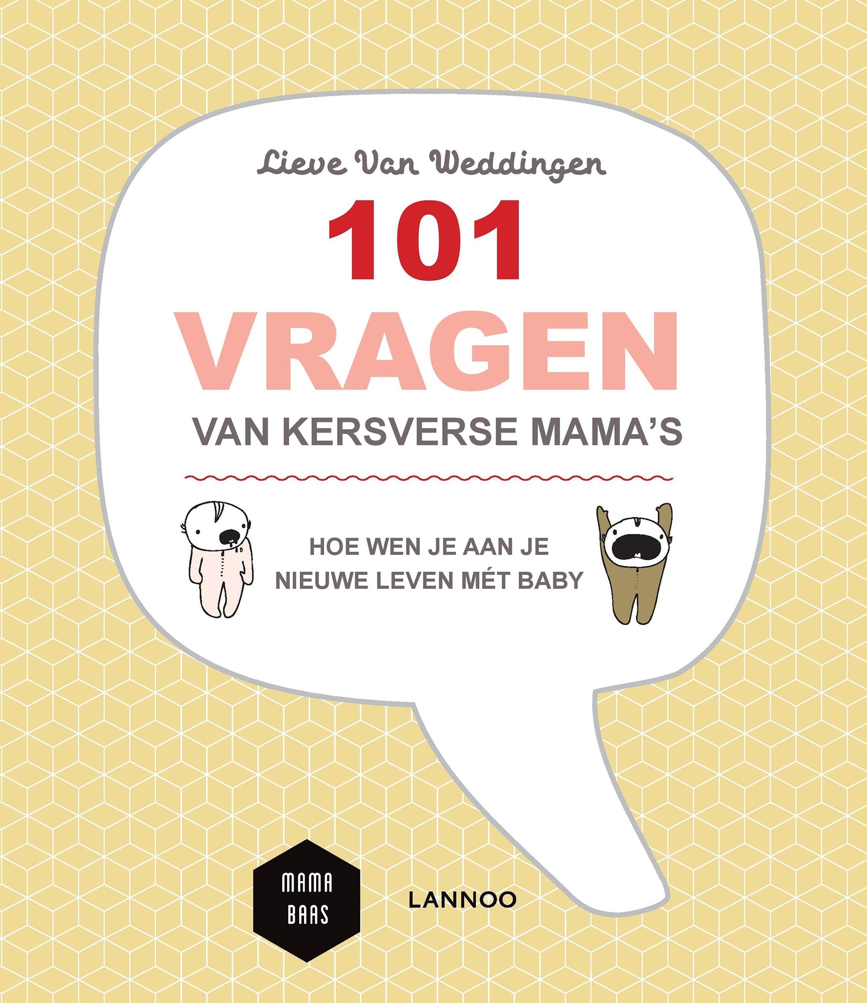 Boek '101 vragen van kersverse mama's' van Lieve Van Weddingen. Dit boek geeft een helder en genuanceerd antwoord op een hele reeks vragen met daarnaast ook enkele praktische tips voor nieuwe mama's..