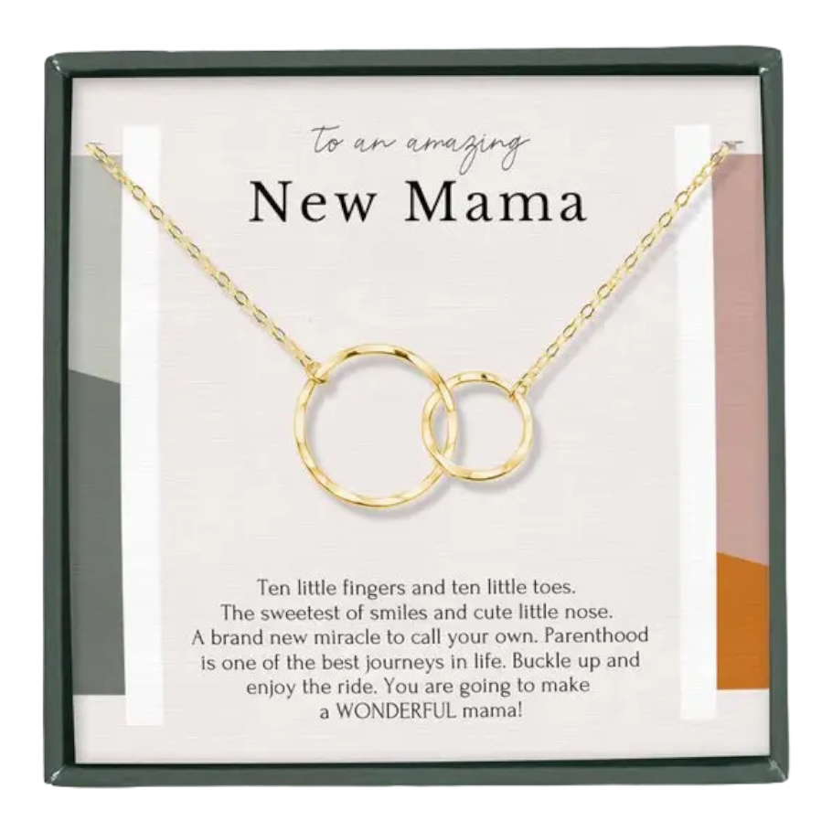 Een prachtige nieuwe mama ketting met 2 cirkels en een betekenisvolle boodschap voor de toekomstige mama, handgemaakt, van 14K goud vermeil