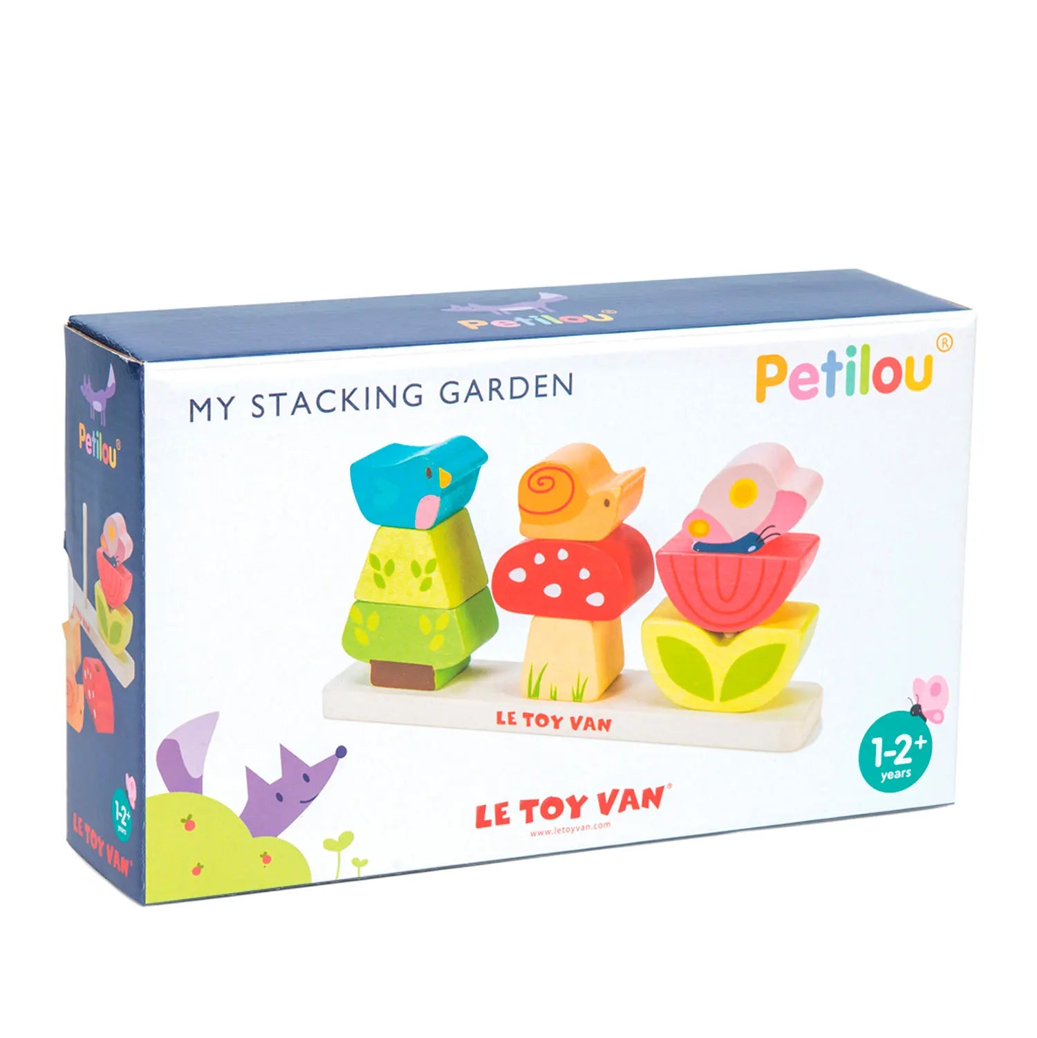 Charmant houten speelgoed van Le Toy Van met 9 kleurrijke stapelbare stukken - verpakking