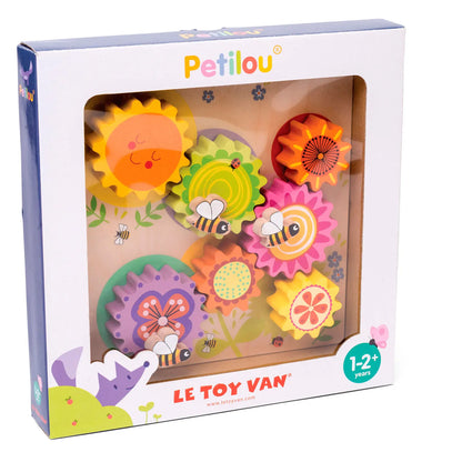 Een vrolijk en prachtig geïllustreerd houten bord van Le Toy Van met bijen en bloemen als thema - verpakking