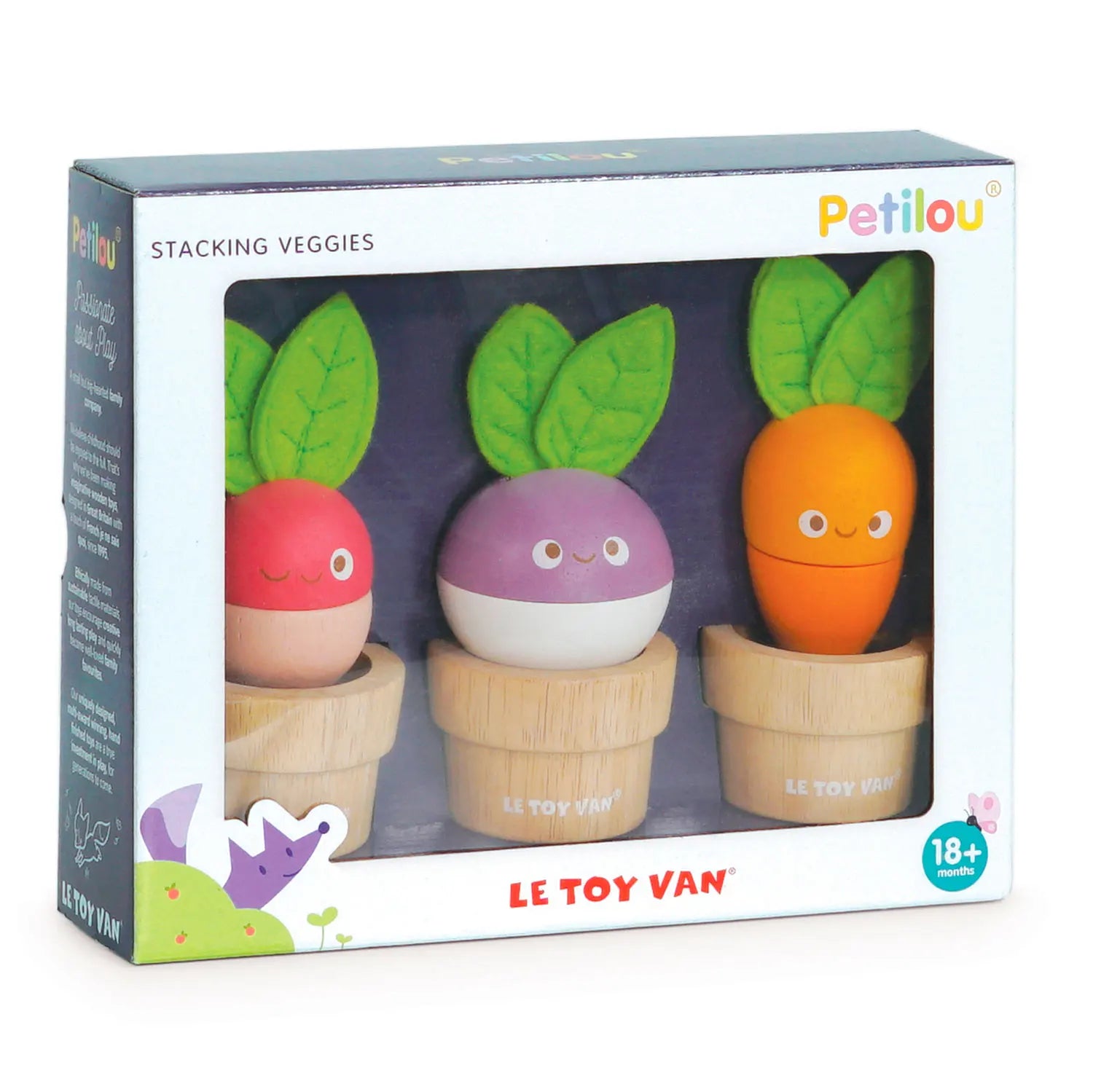 Een vrolijke set van Le Toy Van met drie soorten houtachtige groenten in natuurlijke houten potten - verpakking