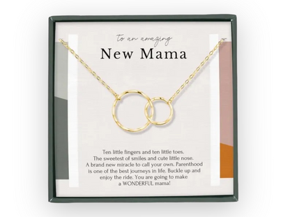 Een prachtige nieuwe mama ketting met 2 cirkels en een betekenisvolle boodschap voor de toekomstige mama, handgemaakt, van 14K goud vermeil