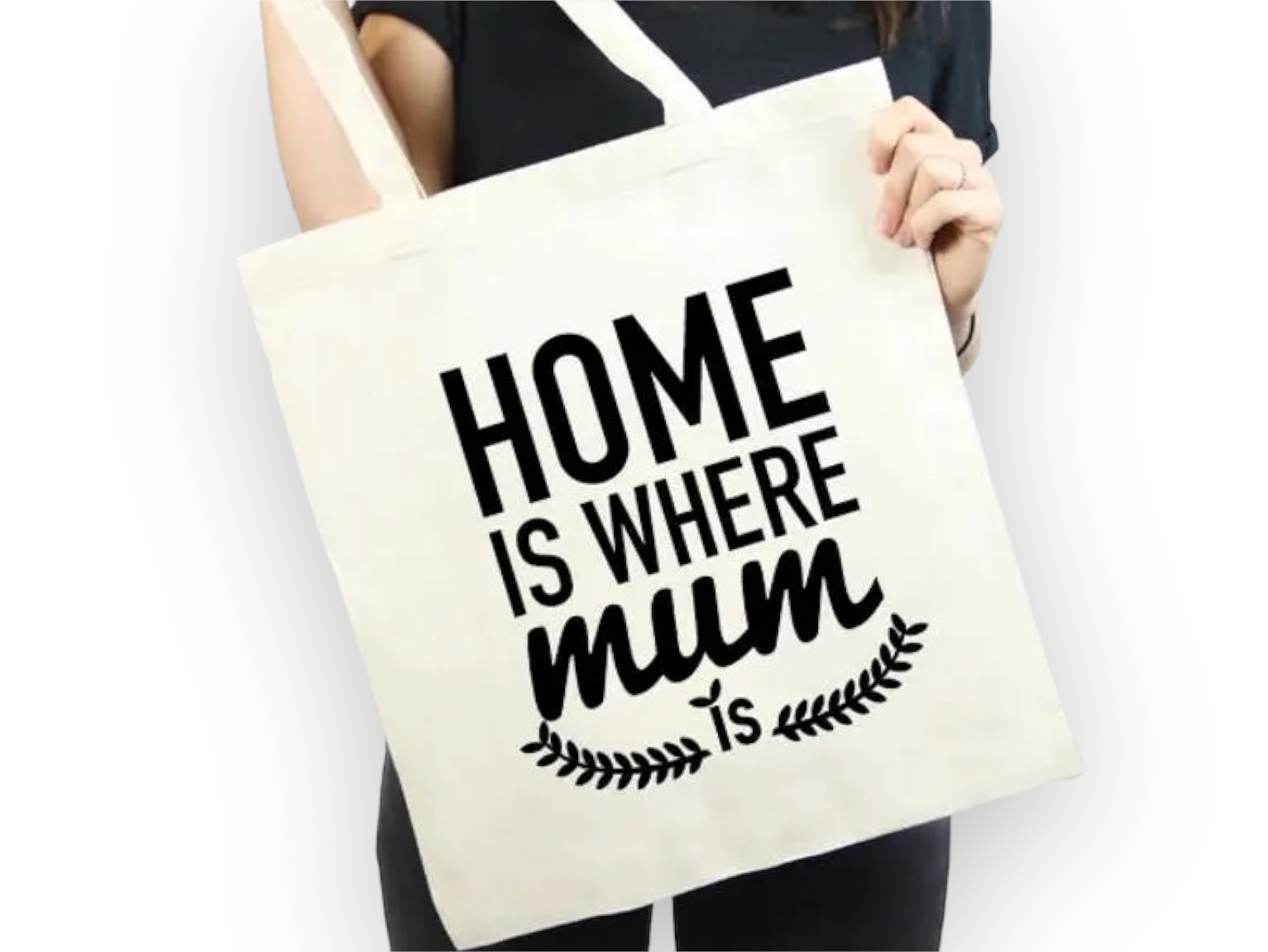 Draagtas met opschrift 'Home is where mum is', gemaakt van 100% katoen, speciaal voor mama's