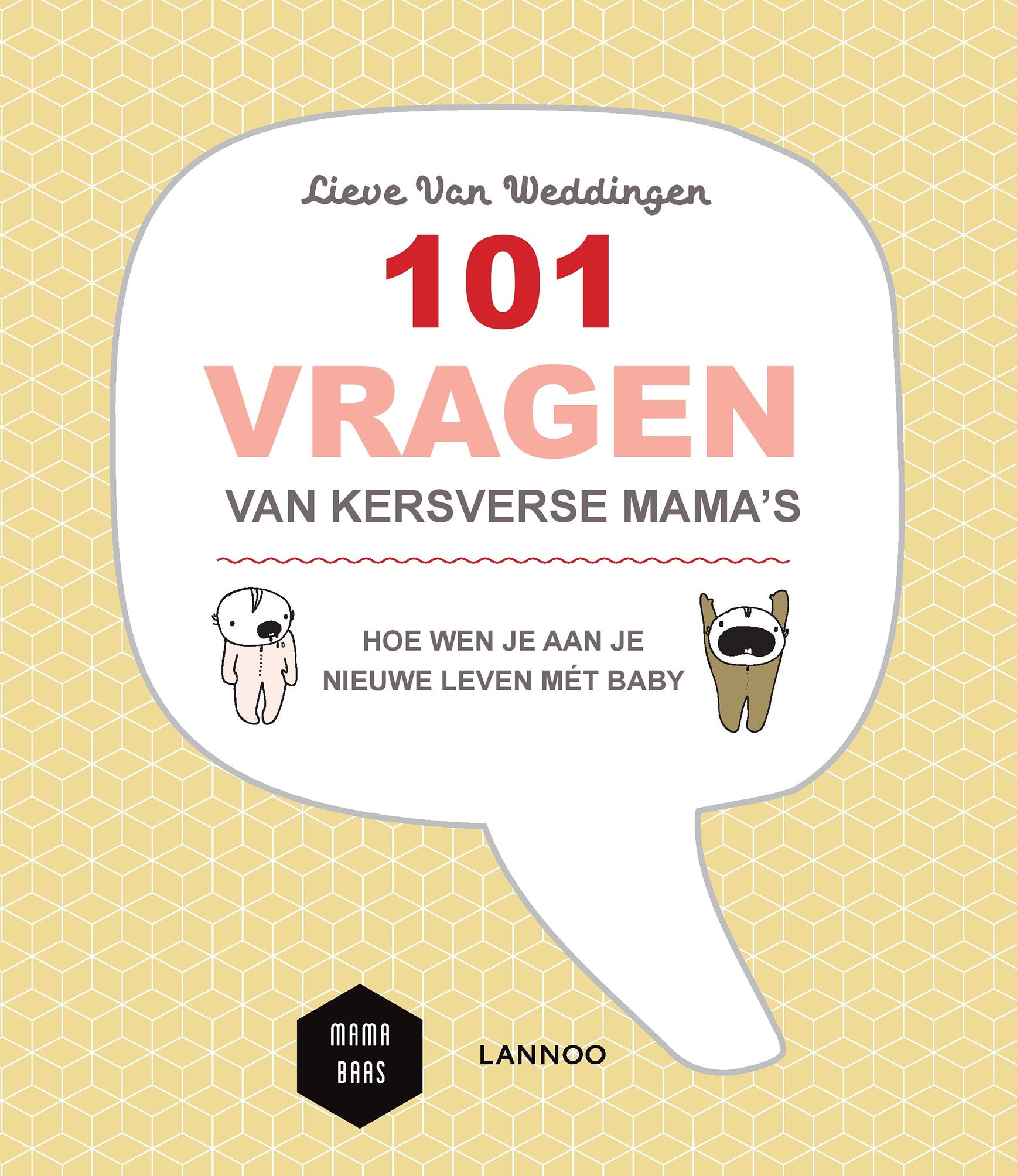 Boek '101 vragen van kersverse mama's' van Lieve Van Weddingen. Dit boek geeft een helder en genuanceerd antwoord op een hele reeks vragen met daarnaast ook enkele praktische tips voor nieuwe mama's..
