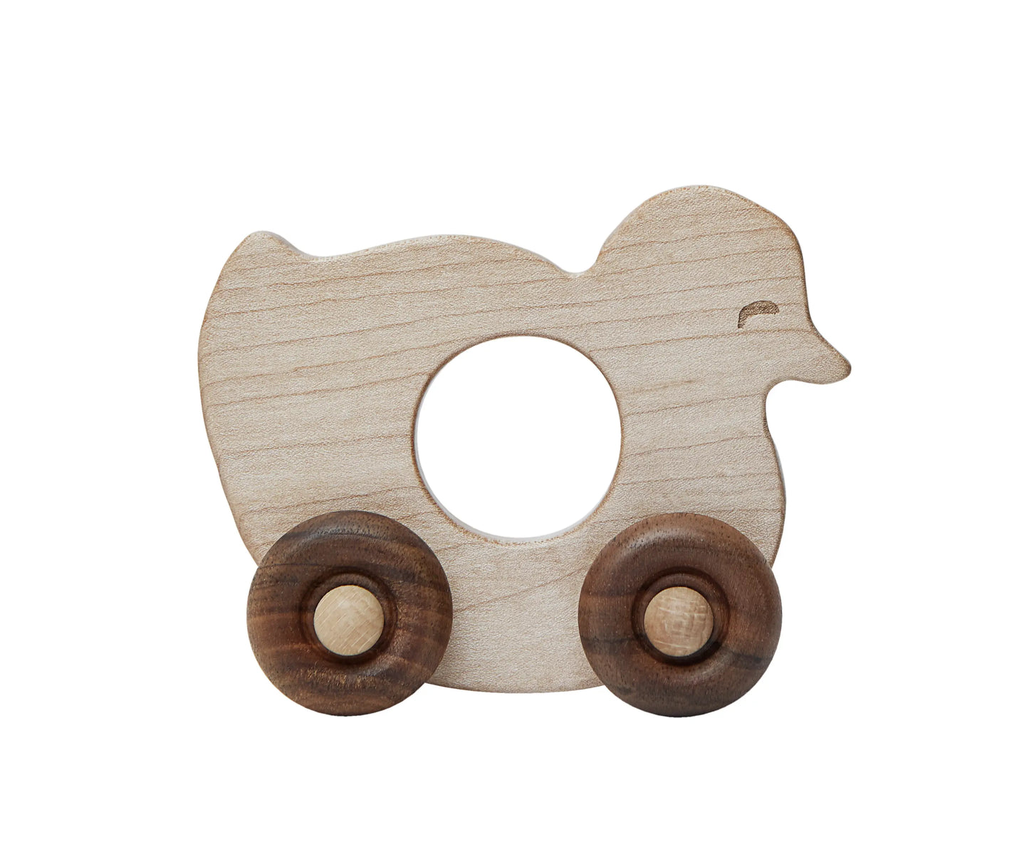 Houten wielspeelgoed in de vorm van een eend, dat makkelijk in de hand van een baby past.
